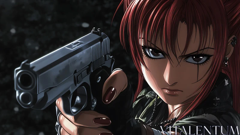 Dynamic close-range perspective frames intense armed anime heroine