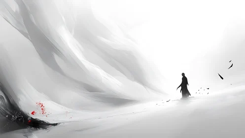 Solitary wanderer moves through quiet snow and distant memory