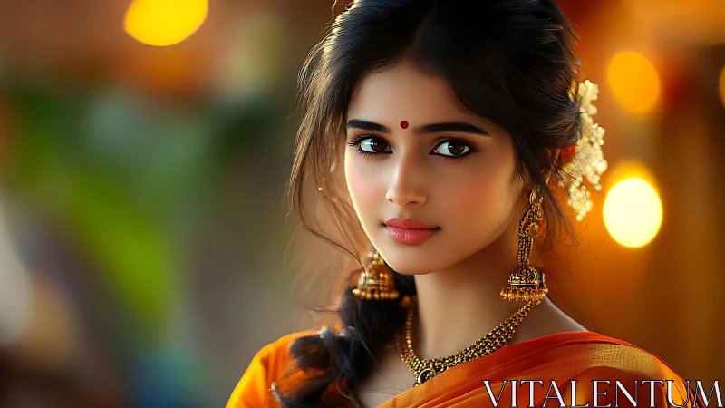 Digital portrait in traditional Indian attire at dusk.