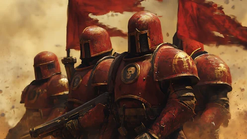 Armored red space marines advance through burning dust storm