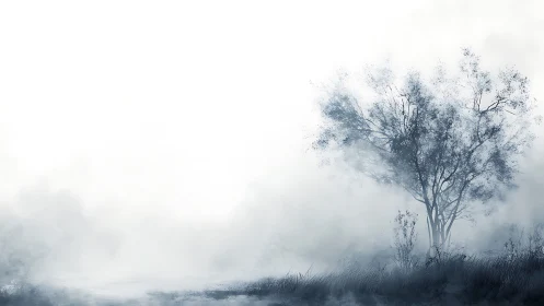 Soft morning mist wraps a quiet tree in gentle silence