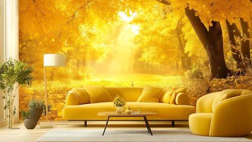 Yellow living room integrates forest mural with sunlight