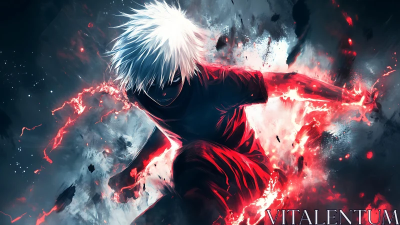 Dynamic white-haired fighter channels red energy in explosive motion