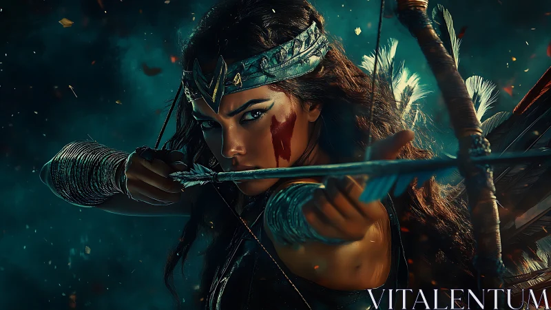 Warrior archer poised in teal embers, cinematic close-up.