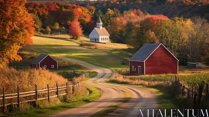 Photorealistic rural churchscape with curving country road.