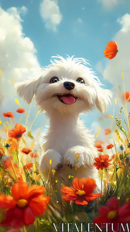 Whimsical puppy portrait in painterly wildflower meadow vertical.