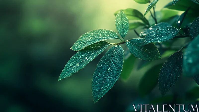 Macro foliage study captures dew-laden leaves with shallow depth