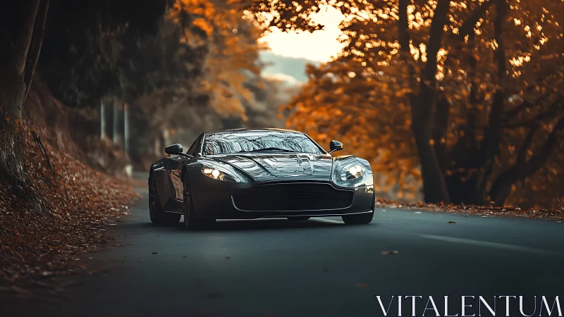 High-gloss sports coupe on curved forest road under autumn bokeh