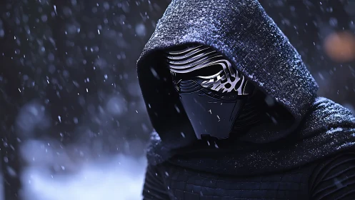 Hooded armored figure in snowfall rendered with cinematic bokeh