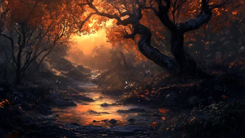 Ethereal Forest Stream Bathed in Golden Sunset Glow.