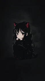 Dark neko girl curls inward under subtle crimson glow.