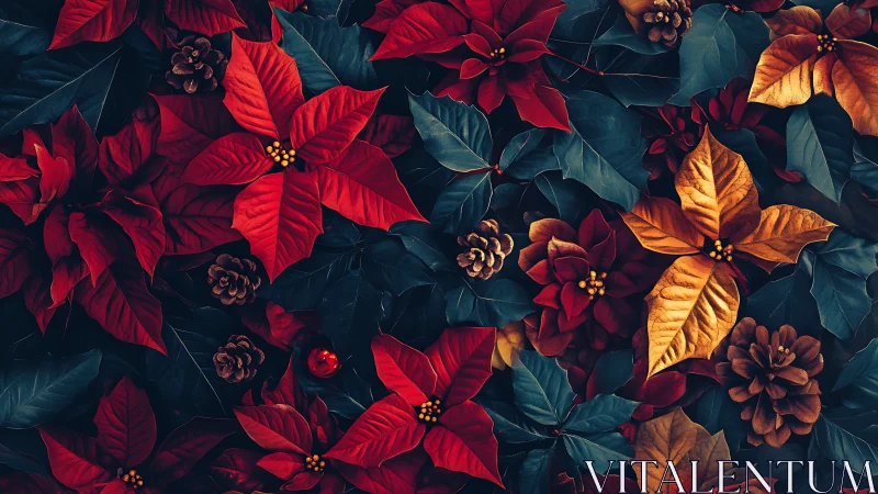 Crimson poinsettias quietly choreograph a festive forest floor