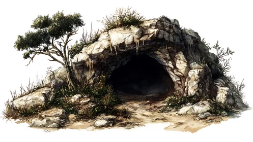 Rocky hillside cave entrance with detailed vegetation rendering