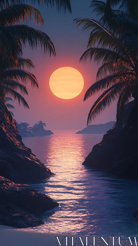 Tropical cove sunset with saturated magenta ocean reflections