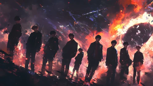 Silhouetted group stands before fiery cosmic sky.