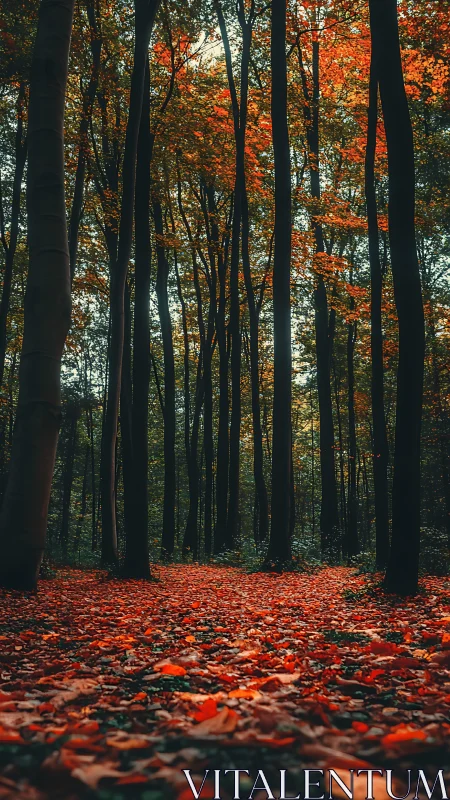 Autumn Forest Path Among Towering Trees With Fallen Leaves