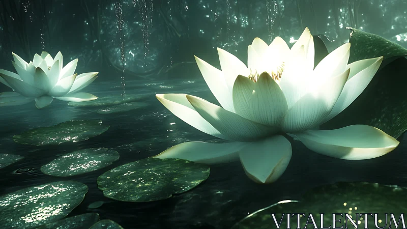 Luminous white waterlilies glow softly in a misty forest pond