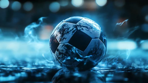 Hyperreal soccer ball on wet reflective turf with blue vapor lighting