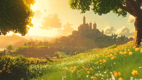 Castle on distant hill observed from sloping flower meadow