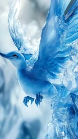 Blue translucent bird form emerges from frozen crystalline mass