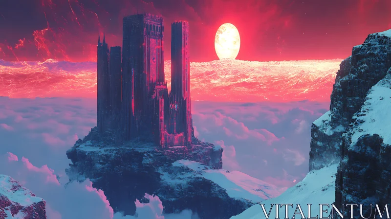 Crimson sun crowns a floating citadel above icy clouds.