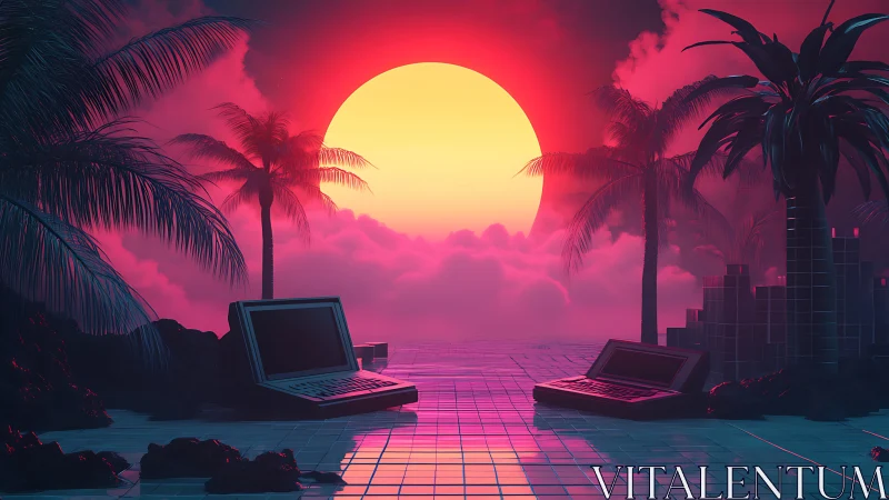 Neon tropical synthwave sunset with silent retro computers.