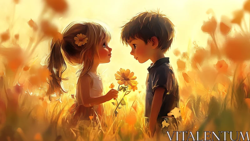Digital rendering of two children in golden hour meadow with warm chromatic palette