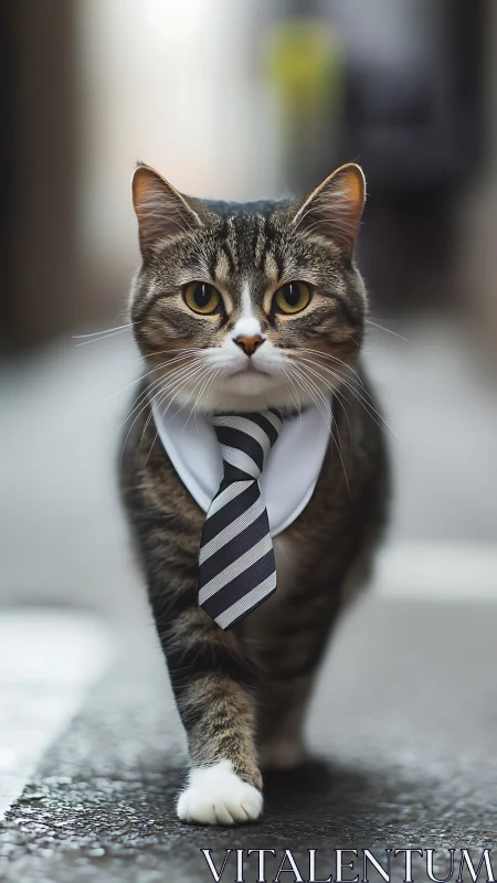 Tabby cat wearing striped neck tie walks forward on pavement.