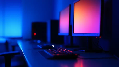 Neon-lit workstation monitors in low-key blue ambient studio.