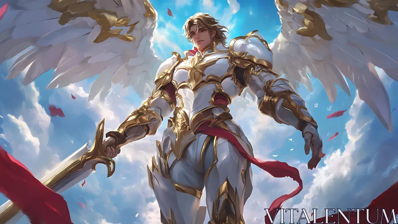 Radiant winged knight stands triumphant in sunlit heavens.