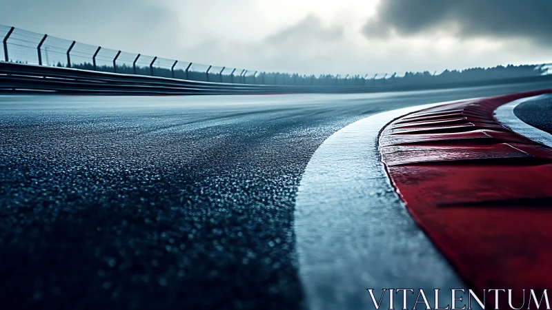 Wet racing circuit corner captures slick reflective surface