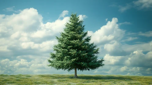 Majestic Pine Tree in Open Field Under Dramatic Sky, Realistic Style.