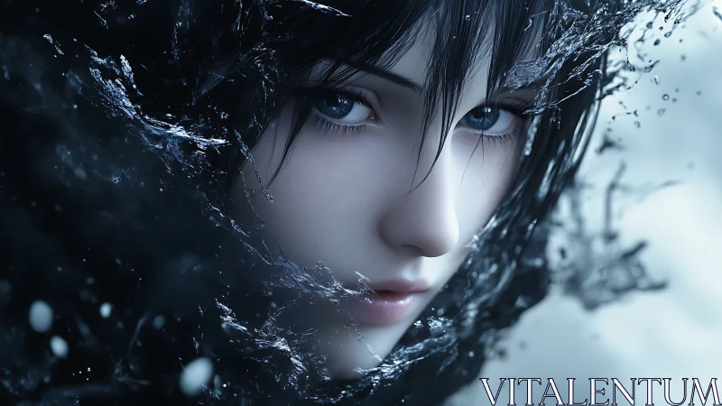 Liquid midnight curls around the girl with tidal eyes