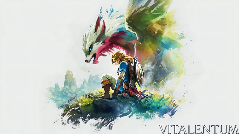 Heroic swordsman kneels before spectral wolf in vivid landscape