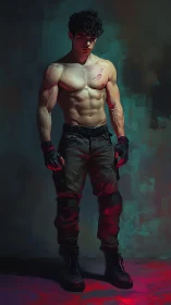 Brooding young fighter stands ready in dramatic studio light