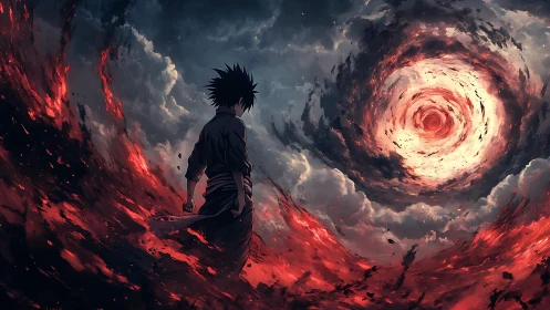 Storm-torn wanderer studies the burning eye in the sky