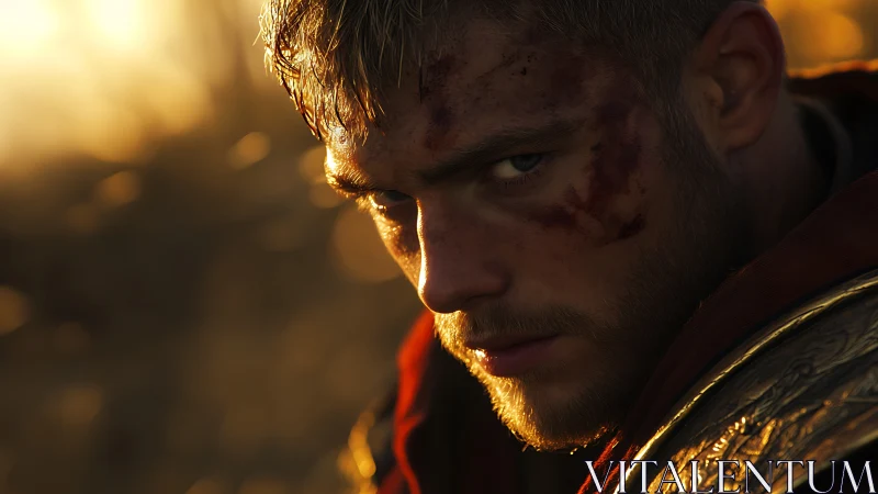 Close portrait shows armored man with bloodstained face