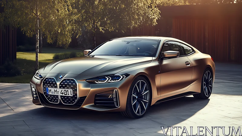 Sunlit metallic coupe with sculpted bodywork in modern driveway