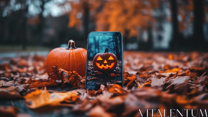 Smartphone displays jack-o'-lantern beside real pumpkin in autumn leaves