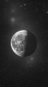 Photorealistic lunar crescent amid deep-space starfield study.