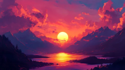 Crimson alpine sunset over mirrored mountain lake horizon.