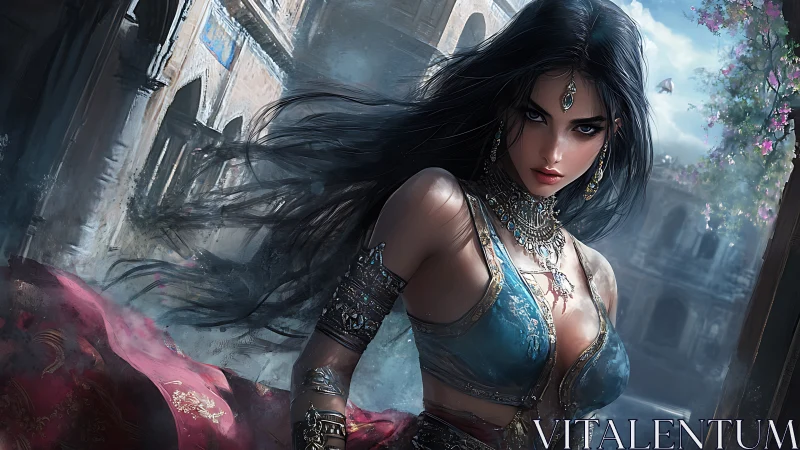 Mystical warrior steps forward with wind-tossed hair and fire