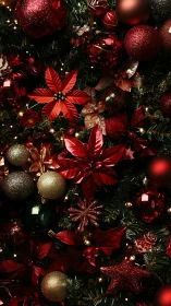 Red and gold ornaments arranged on artificial fir branches.