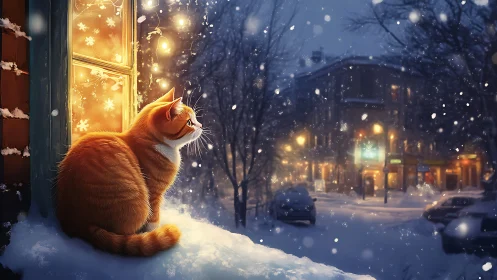 Ginger cat watching urban snowfall by warm lit window.