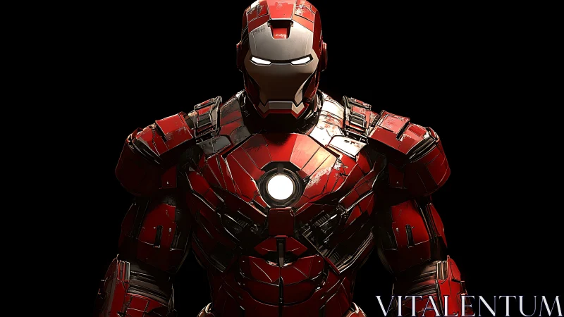 Armored red hero standing bold in a glowing metal suit.
