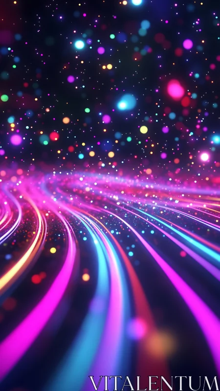 Neon light trails curve through cosmic particle bokeh field.
