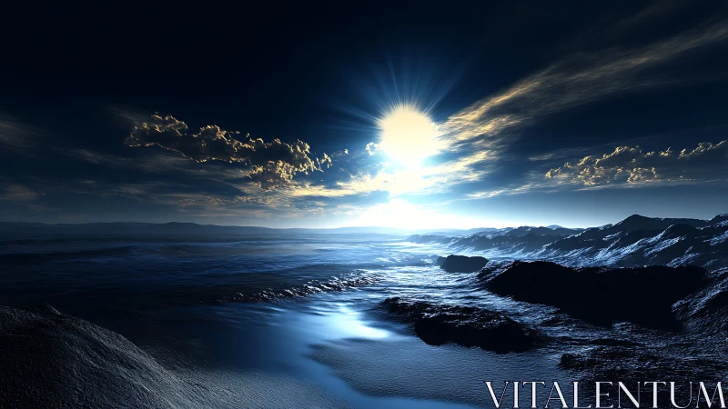 Frozen midnight shoreline under a luminous rising sun.