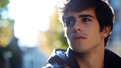 Sunlit city daydream catches on a thoughtful young profile