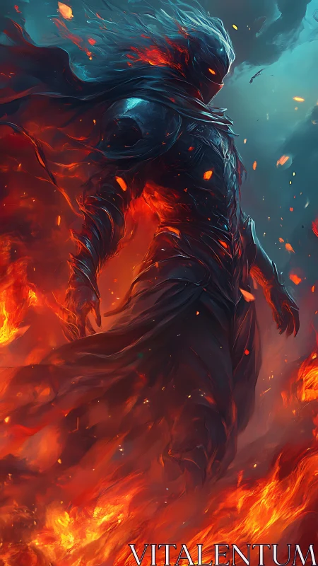 Armored fire entity stands amid swirling flames and smoke