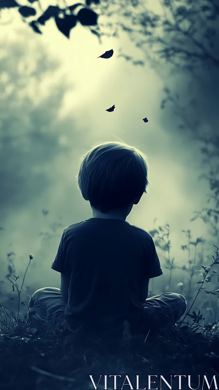 Child sits in misty field watching butterflies above